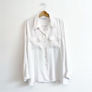 Anne Fontaine Paris White Satin Charmeuse Oversized Button Front Blouse